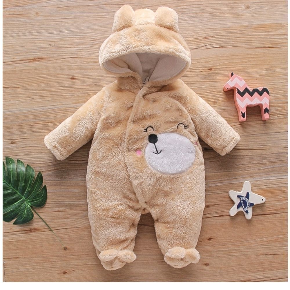Adorable Bear Design Fleece Hooded Footed Baby Winter Snowsuit Sz 3-6 Mos